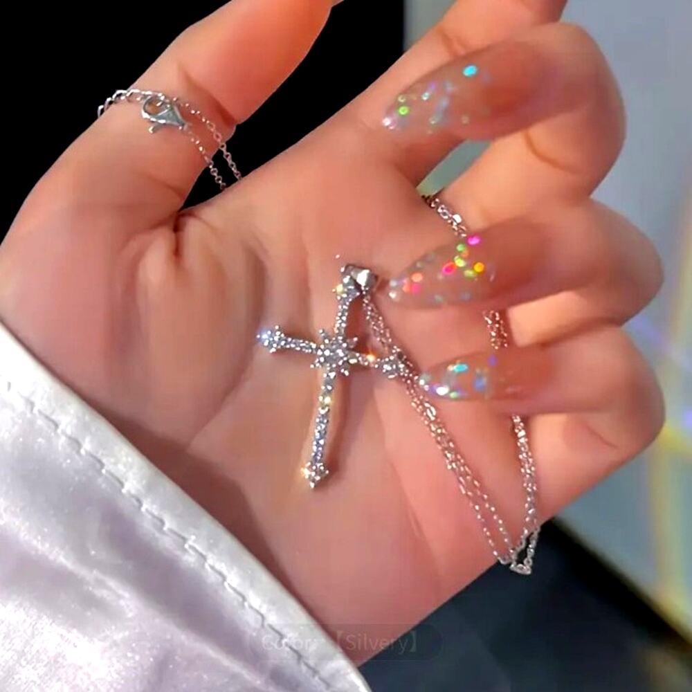 925 Serling Silver Necklace w/ CZ Cross & Star Woman's Valentine's Birthday Gift